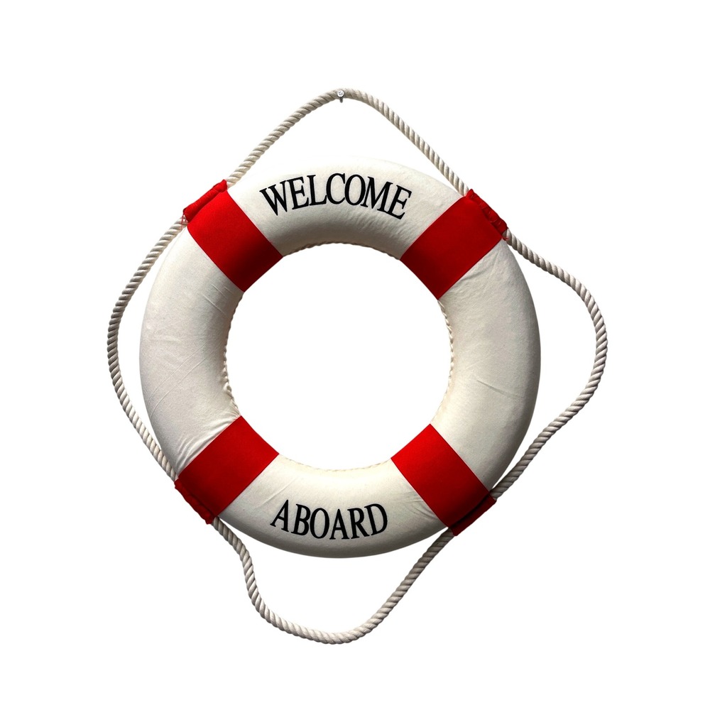 Welcome Aboard Life Ring Buoy Nautical Wall Decor 14" Red White Beach House Pool